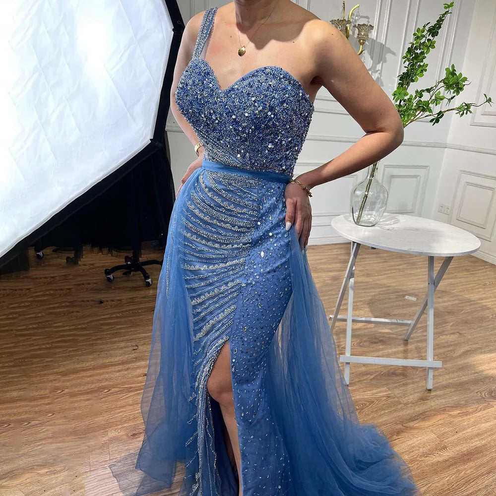 Can't Miss Serene Hill Blue One Shoulder High Split Mermaid Elegant Beaded With Overskirt Evening Dresses Gowns For Women Party LA71825 Can't Miss Serene Hill Blue One Shoulder High Split Mermaid Elegant Beaded With Overskirt Evening Dresses Gowns For Women Party LA71825