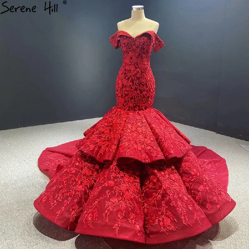 New Deals Serene Hill Wine Red Handmade Flowers Mermaid Wedding Dresses 2024 Off Shoulder Elegant Bride Gowns HA2462 Custom Made
