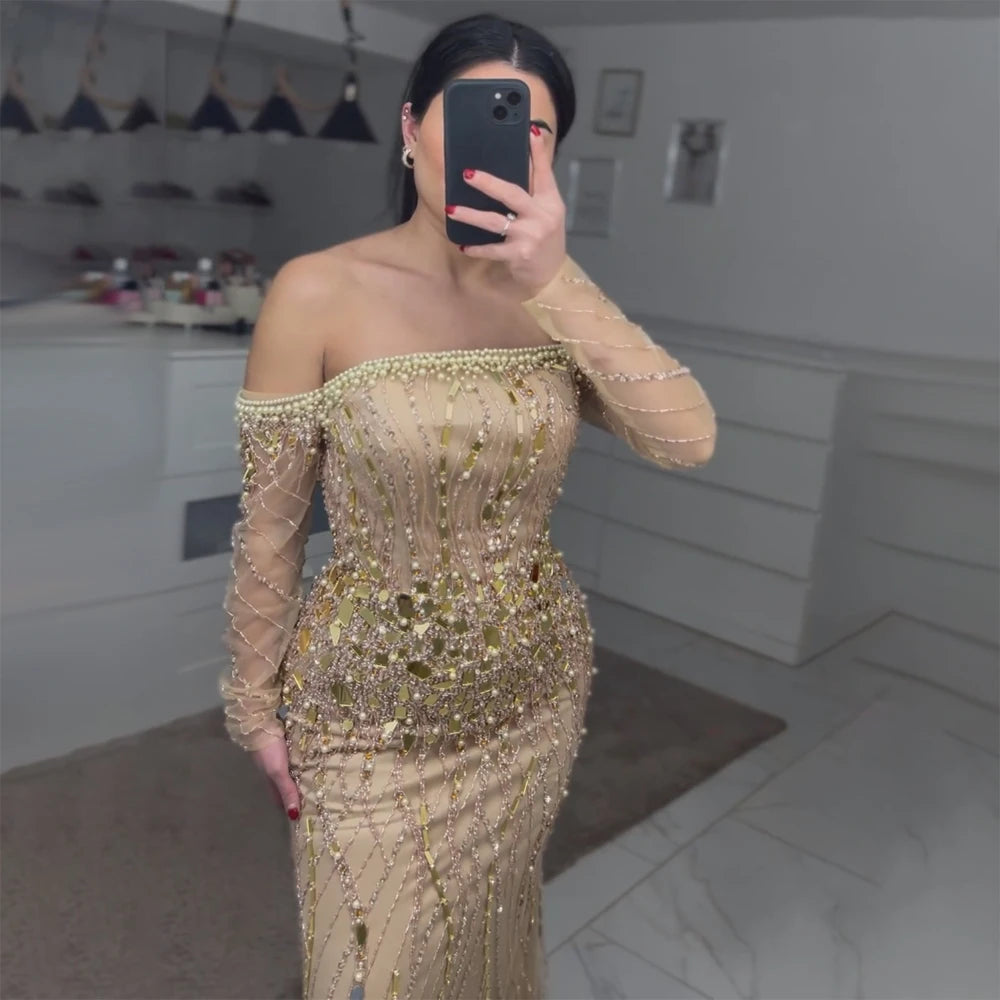 YEAR-End Clearance Serene Hill 2024 Arabia Gold Mermaid Luxury Beaded Off Shoulder Dubai Evening Dresses Gowns for Women Wedding Party LA72404