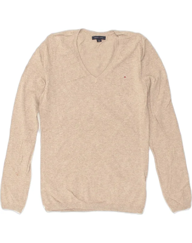 Lowest Price TOMMY HILFIGER Womens V-Neck Jumper Sweater UK 10 Small Beige Cotton