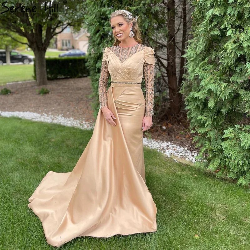 Hurry In Muslim Gold Mermaid Overskirt Evening Dresses Gowns 2024 Satin Beaded Elegant For Women Party LA71453 Serene Hill