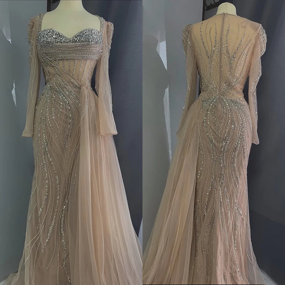Price Drop Serene Hill Customized 2025 Saudi Nude Beaded Crystal Arabic Evening Dresses Gowns with Overskirt for Formal Occasion LA72812