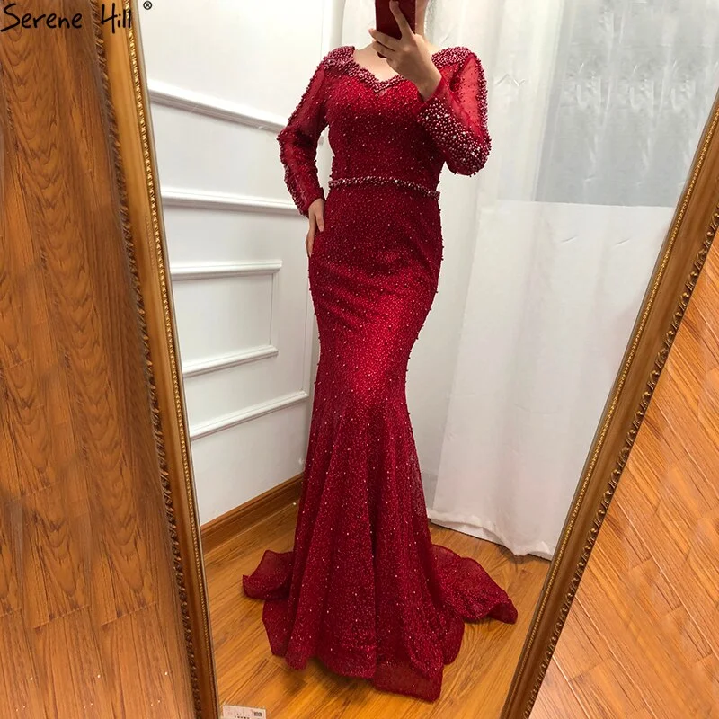 Exclusive Deal On Sale No Return No Refund Long Sleeve Wine Red Pearls Mermaid Evening Dresses 2024 Fashion Luxury Evening Gown Real Photo Dubai LA6428