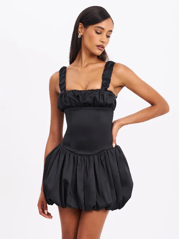 Super Savings Aubrey Black Satin Bubble Hem Mini Dress