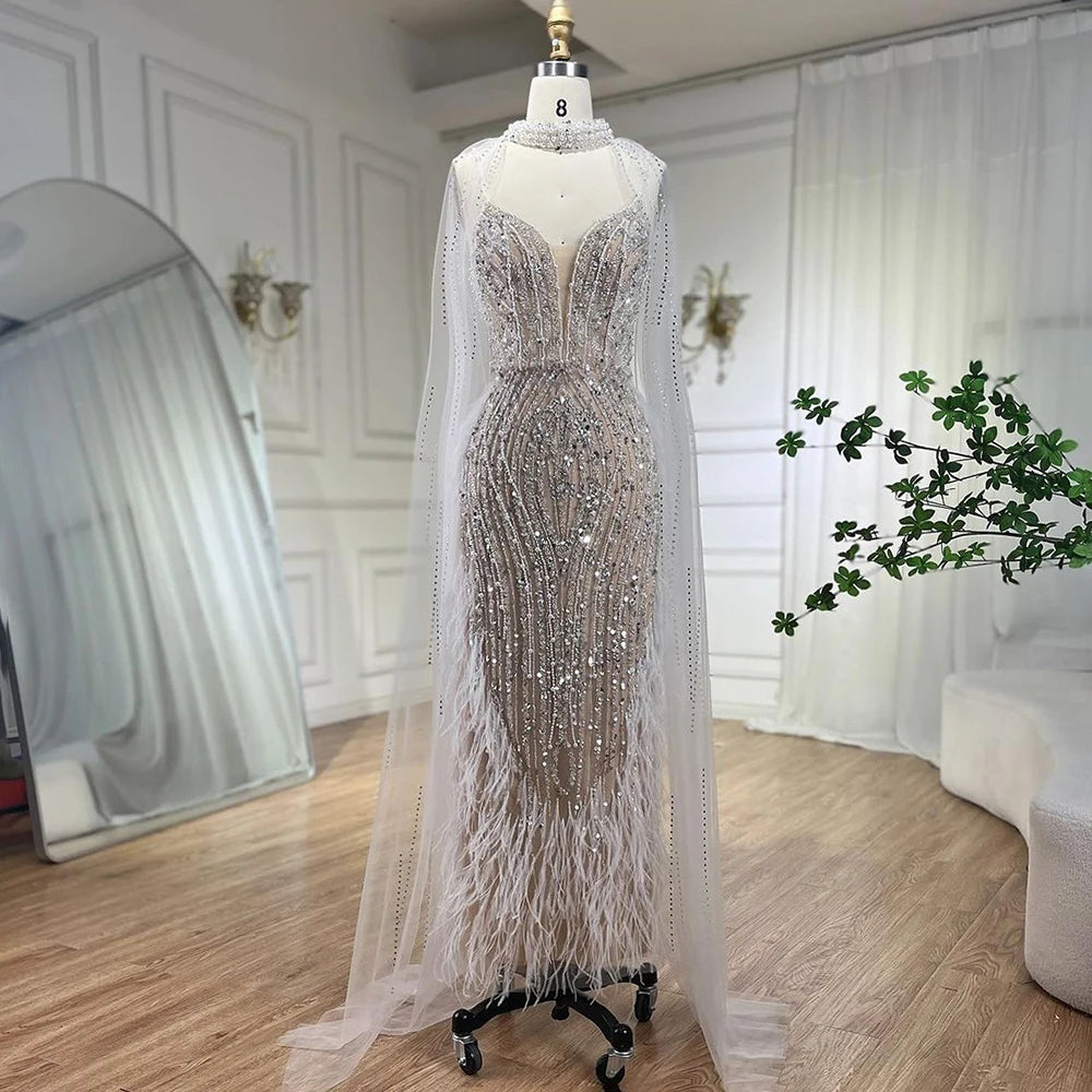 Today’s Deal Serene Hill 2024 White Nude Mermaid Wedding Party Dresses with Beaded Feathers Luxury Cape Sleeves  Party Gowns LA72047A