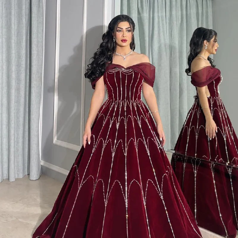 Seasonal Sale Serene Hill Wine Red A Line Sleeveless Boat Neck Beaded Luxury Geometry Pattern Evening Dresses Gowns For Women Party LA71790