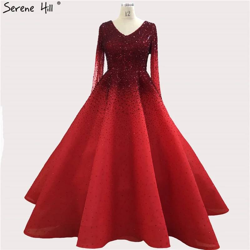 Limited Time Dubai Wine Red V-Neck High-end Sexy Evening Dresses 2024 Long Sleeve Crystal Luxury Evening Gowns Design Serene Hill LA70272