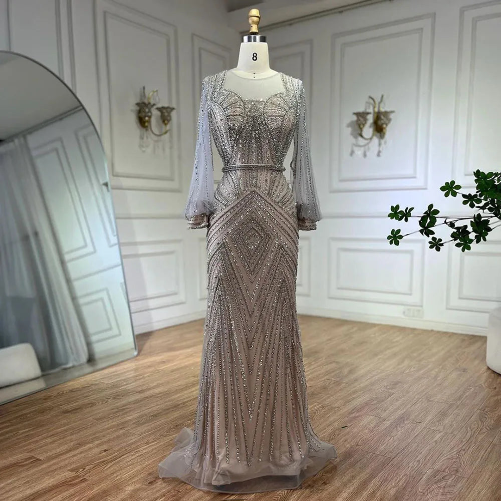 Low Prices Serene Hill Arabic Silver Nude Elegant Mermaid Beaded Luxury Dubai Evening Dresses Gowns For Women Wedding Party 2024 LA72017