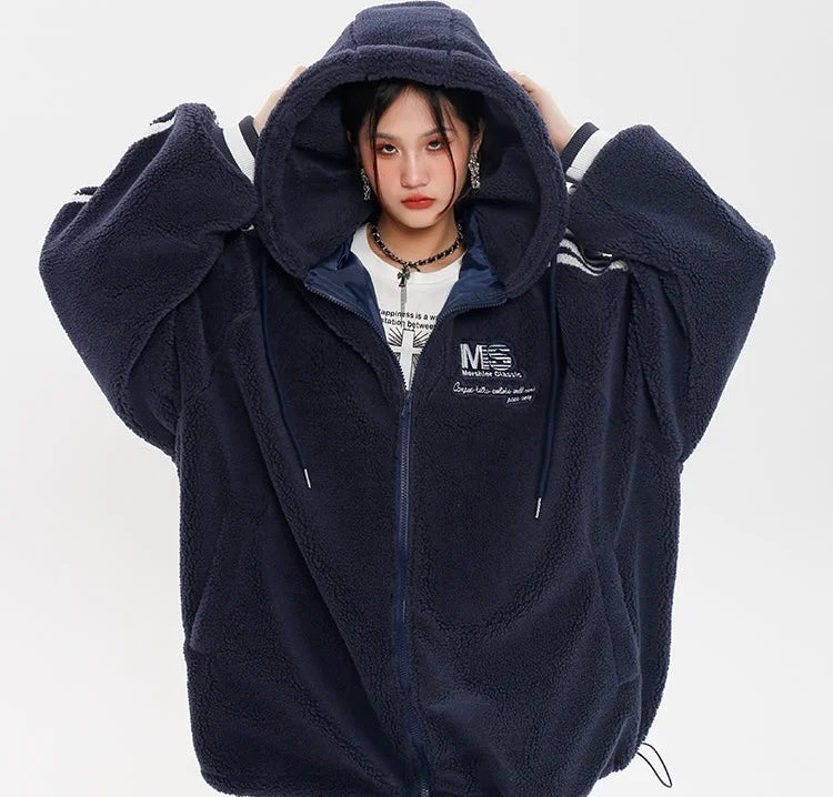 Price Break Levi Fleece Plush Long Stripe Sleeve Plush Zip Up Hoodie
