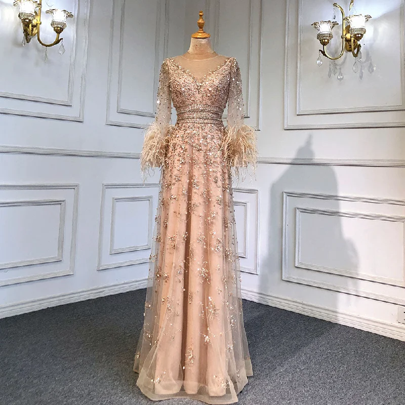 TIME-Limited Offer Serene Hill Gold A-Line Long Sleeves Feathers Evening Dress 2023  for Women Luxury O-Neck Crystal Sequins Handmade LA71654