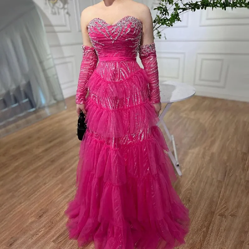 Weekend Deal Serene Hill Fuchsia A Line Elegant Sweetheart Off Shoulder Tiered Beaded Evening Dresses Prom Gowns For Women Party 2024 LA72035