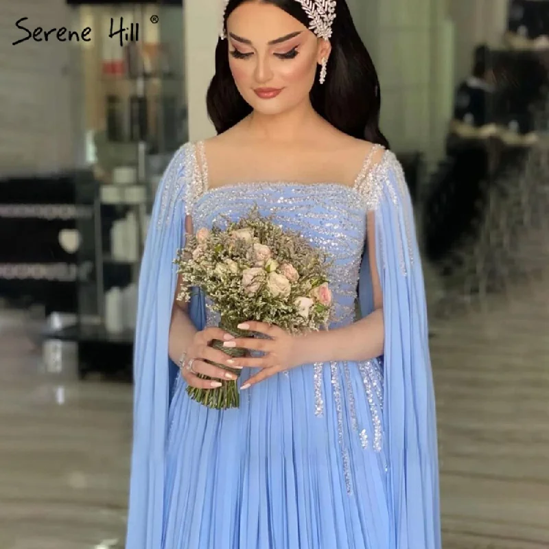 Super Deal Serene Hill Blue Cape Sleeves Evening Dresses Gowns 2024 Beaded A-Line Chiffon For Women Party LA71319
