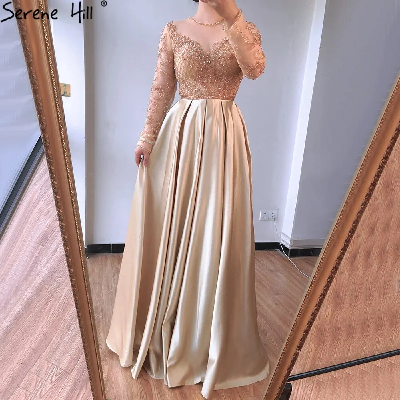 Midnight Sale Dubai Mulim Gold A-line Long Satin Crystal Beading Evening Dresses 2024 Gowns For Woman Formal Dress =Serene Hill LA70550 Midnight Sale Dubai Mulim Gold A-line Long Satin Crystal Beading Evening Dresses 2024 Gowns For Woman Formal Dress =Serene Hill LA70550