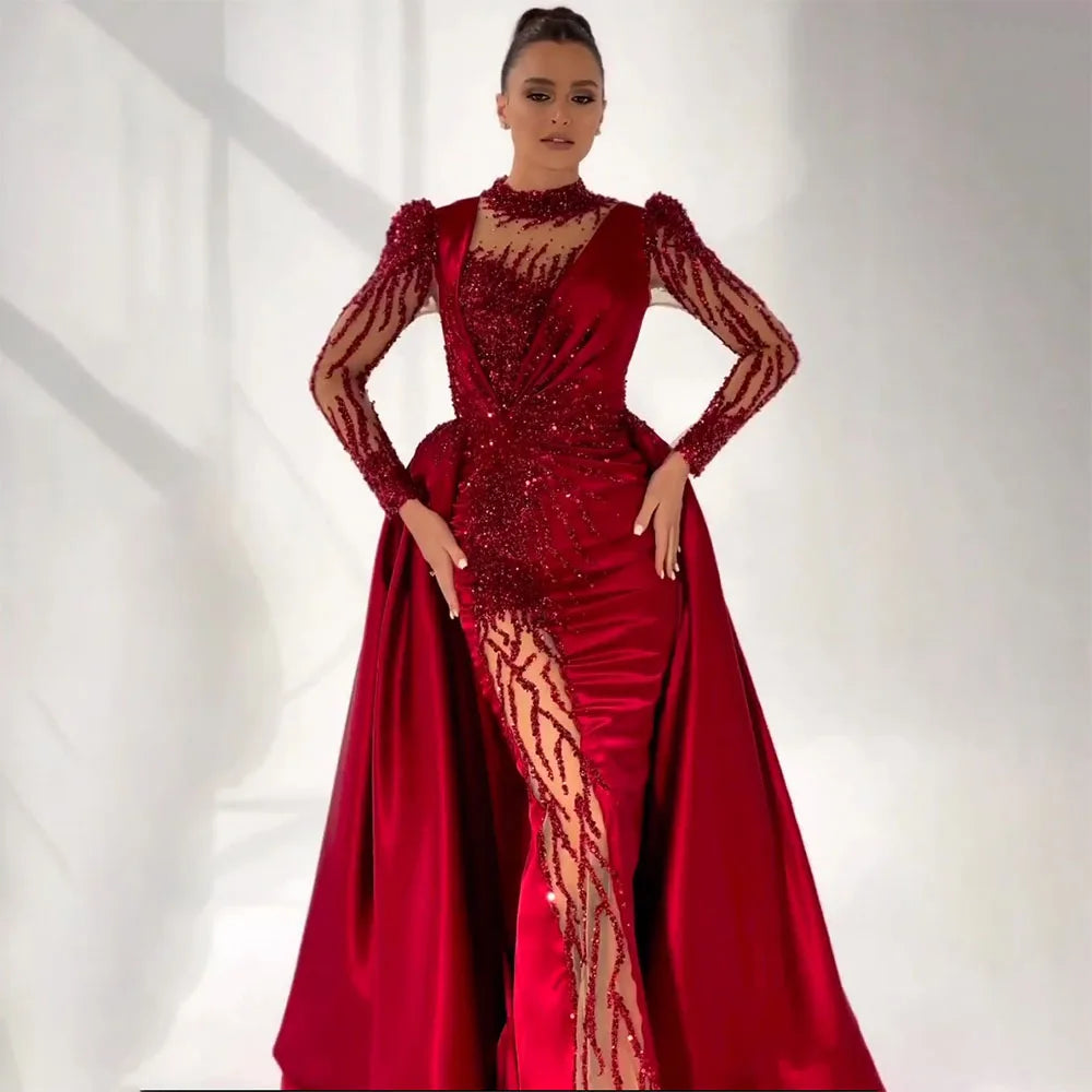 Super Bargain Serene Hill Wine Red Mermaid Luxury Lace Beaded Satin Evening Dresses Dubai Formal Gowns 2024 For Woman Wedding Party LA72202