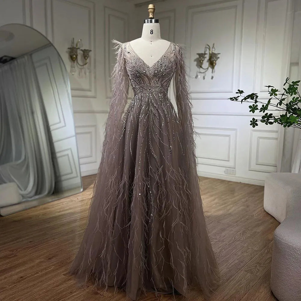 Act Now Serene Hill Nude Cape Sleeves Elegant A Line Luxury Beaded Feathers Evening Dresses Gowns For Women wedding Party 2024 LA72304
