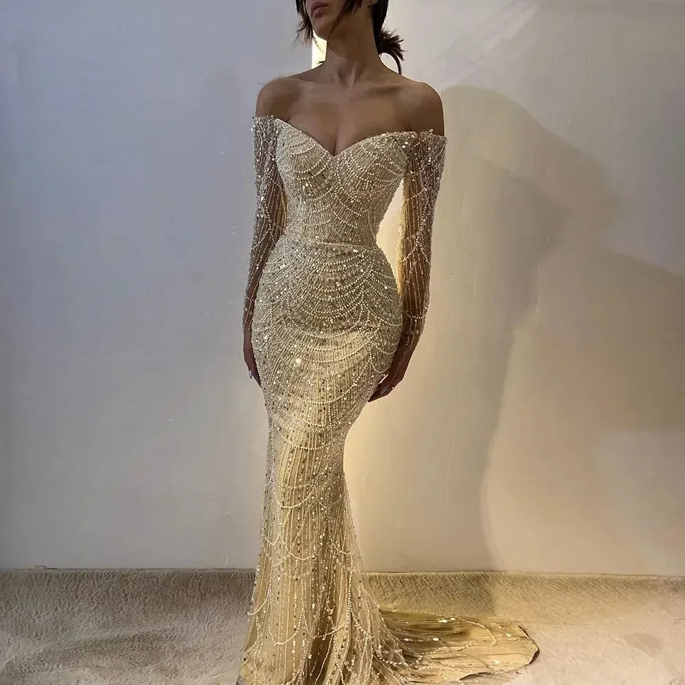 Special Offer Serene Hill Dubai Nude Elegant Mermaid Arabia Luxury Beaded Evening Dresses Gowns 2024 For Women Wedding Party LA72243
