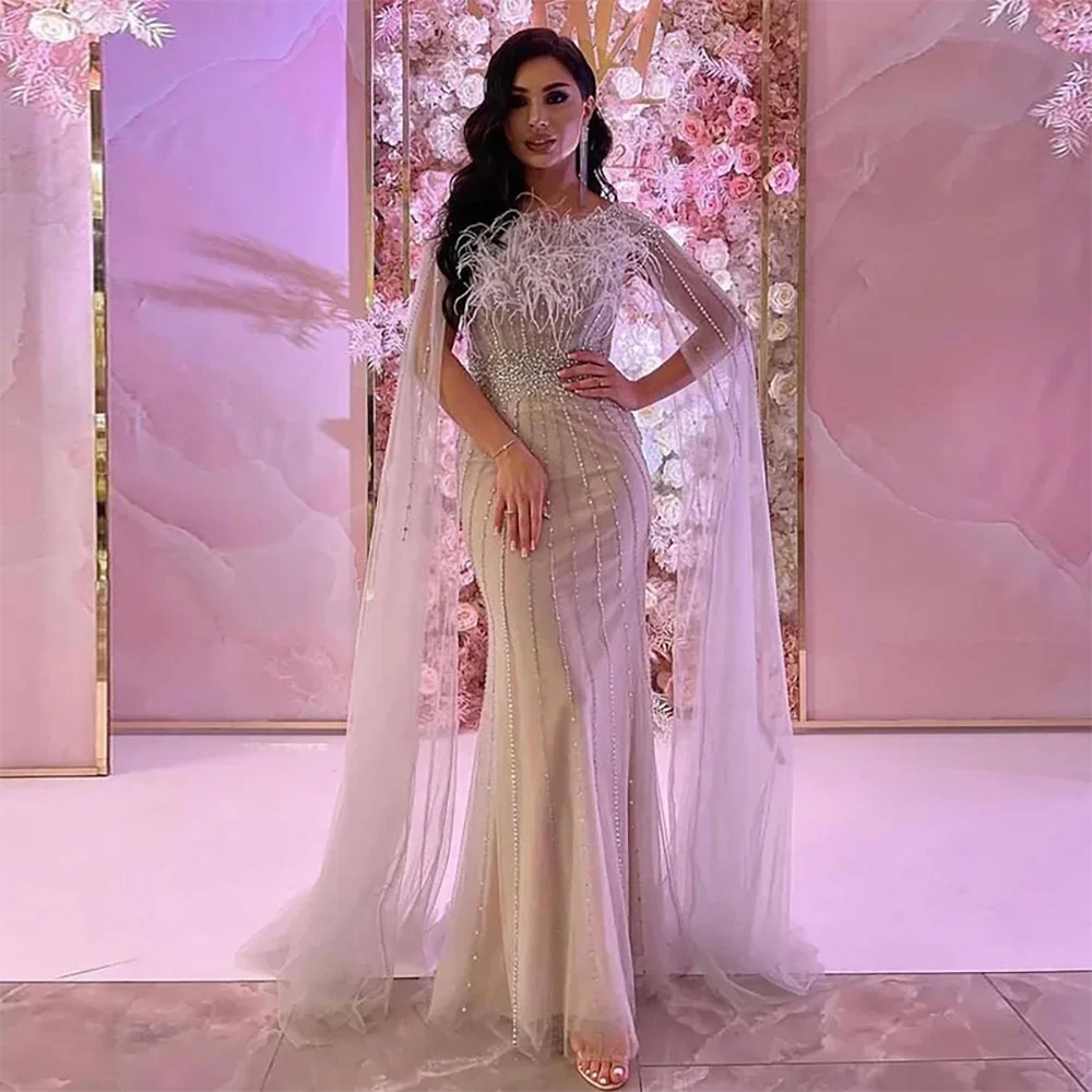 Year-End Sale Serene Hill White Nude Elegant Mermaid Evening Dresses Gowns 2024 Feathers With Cape Sleeves Beaded For Women Party LA71724