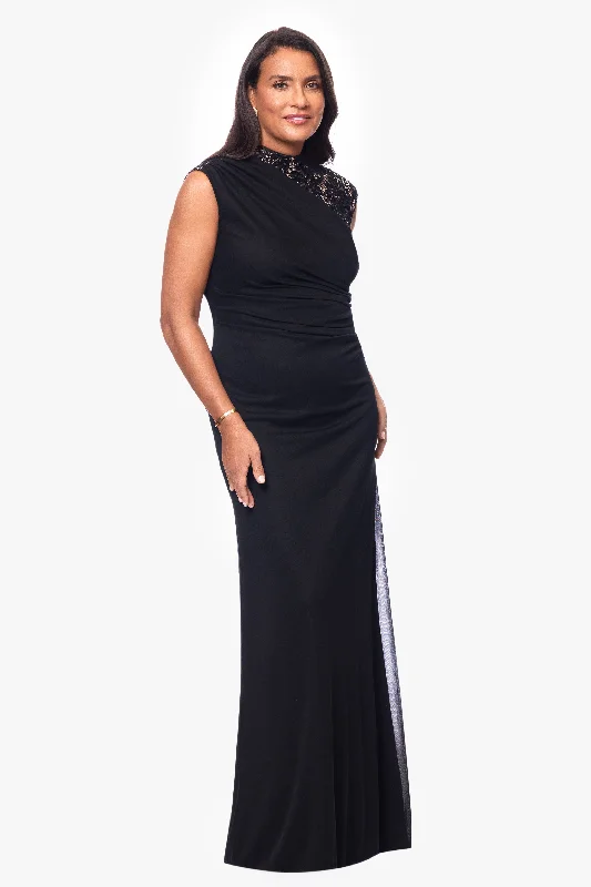 Season Finale Sale "Dayna" Floor Length Sleeveless Sheer Matte Jersey Lack Neck Rouched Side Dress