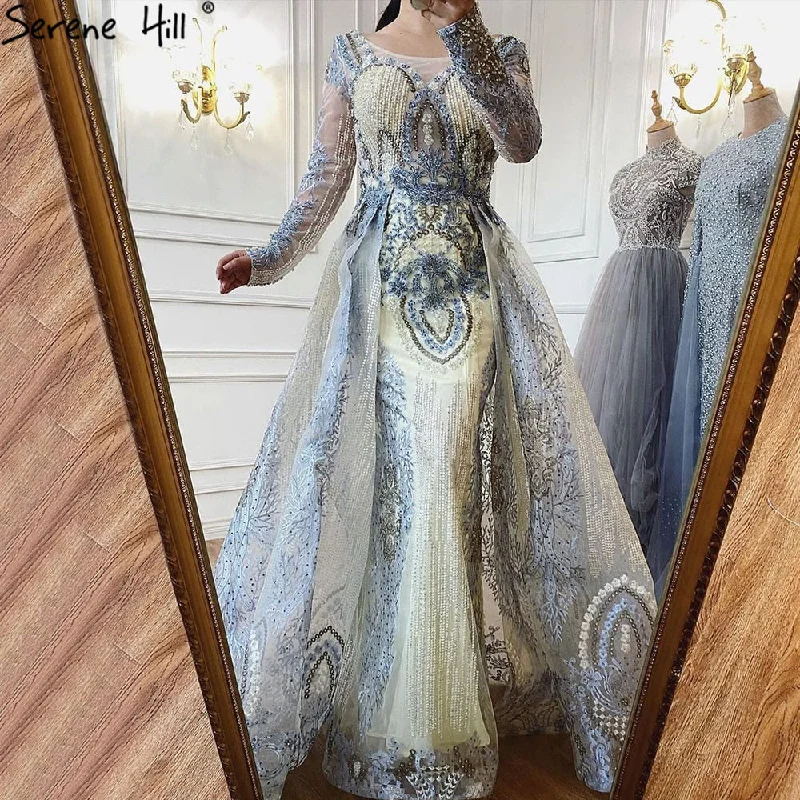 Mega Sale Serene Hill Muslim Gold With Overskirt Evening Dresses Gowns 2024 Luxury Lace Beaded Crystal For Woman Party LA71170