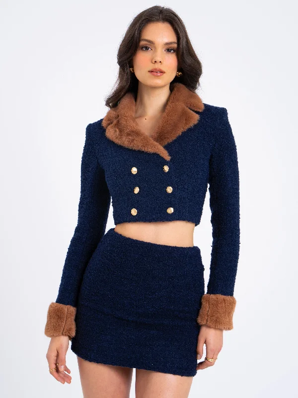 Take Advantage Wava Navy Blue Double Breast Fur Trim Cropped Boucle Wool Jacket