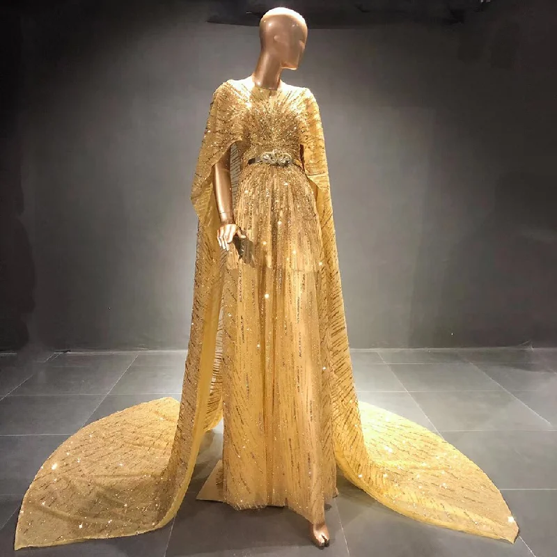 Best Bargains Gold Luxury A-Line Evening Dresses Gowns 2024 Beaded Elegant Cape Sleeves For Women Party Serene Hill LA71502