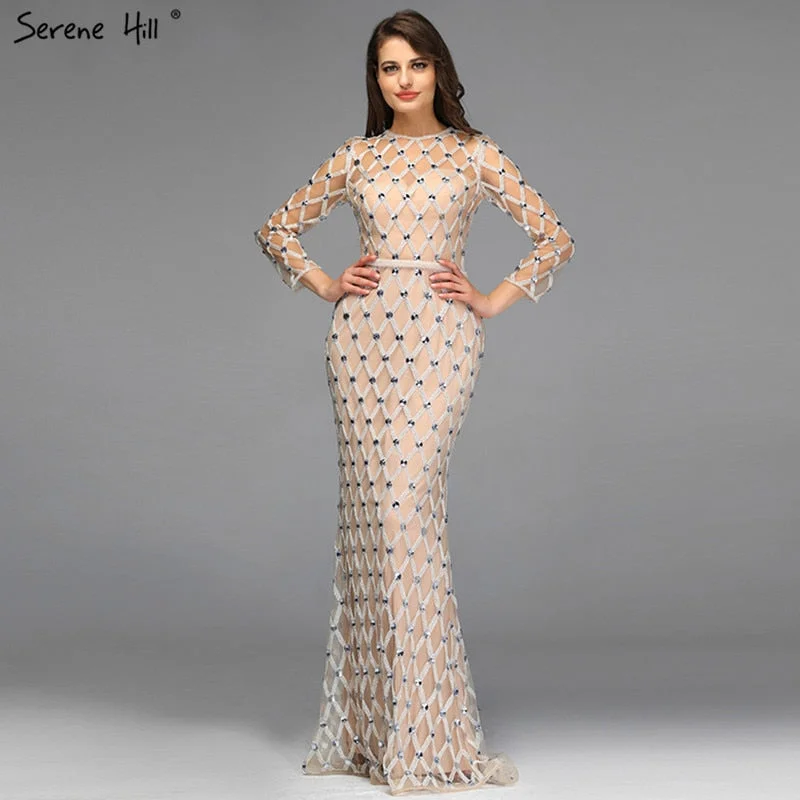 Quick Sale Muslim Long Sleeves Nude Silver Evening Dresses 2024 Latest Design O-Neck Diamond Luxury Formal Dress LA60977 Quick Sale Muslim Long Sleeves Nude Silver Evening Dresses 2024 Latest Design O-Neck Diamond Luxury Formal Dress LA60977