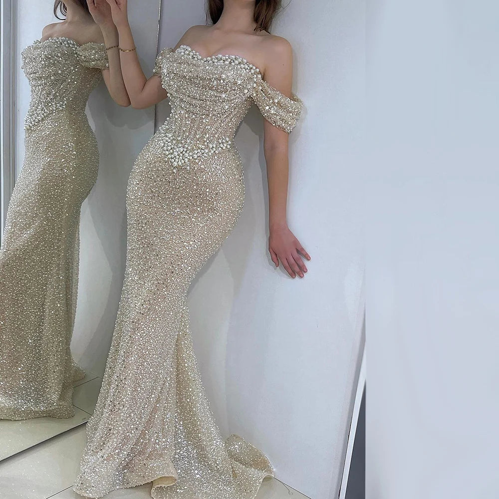 Act Fast Serene Hill Dubai Arabia Nude Elegant Mermaid Evening Dresses Gowns Luxury Pearls Beaded 2024 For Women Wedding Party LA72270