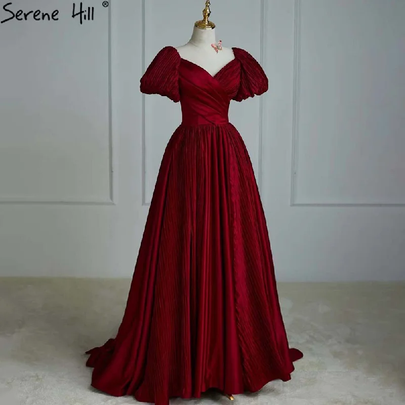 Discount Days Serene Hill Wine Red Satin Evening Dresses Gowns 2024 A-Line Simple Short Sleeve Sexy For Women Party LA71347