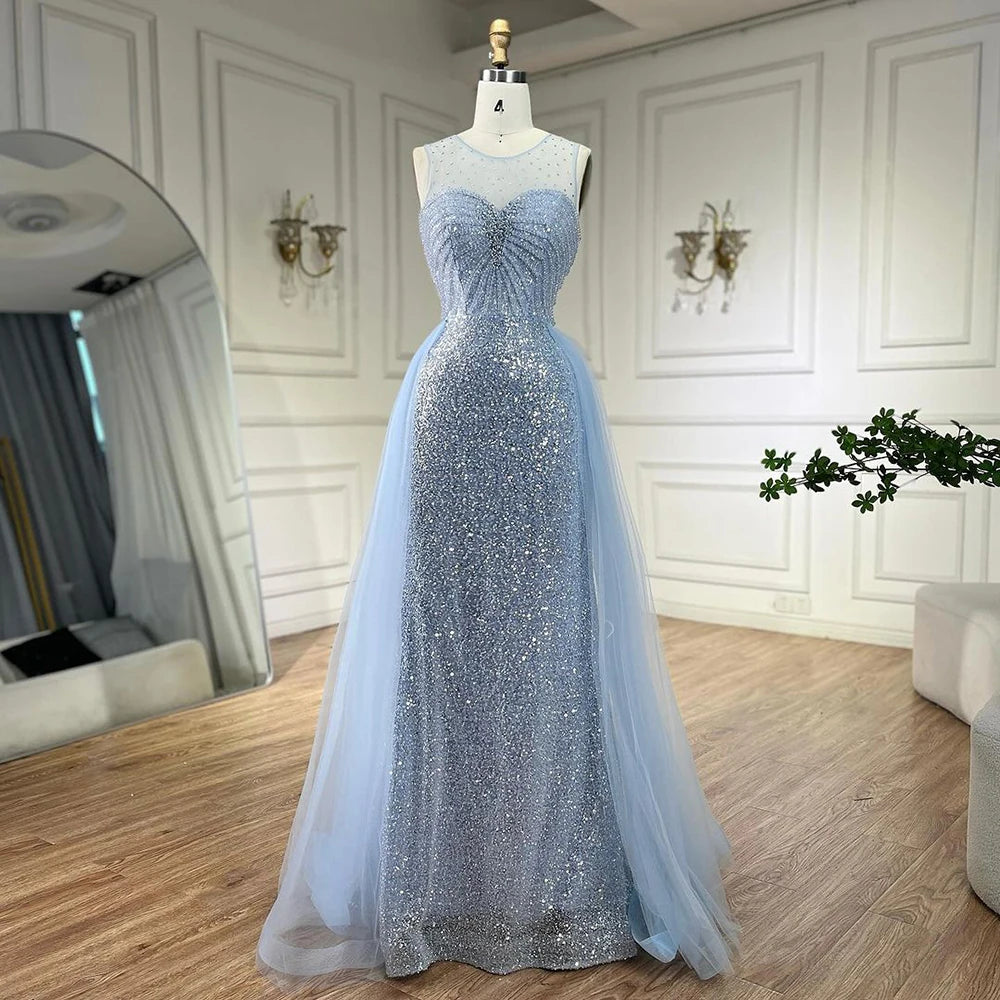 Last Chance Serene Hill Dubai Arabic Mermaid Blue Elegant With Overskirt Beaded Evening Dresses Gowns for Women's Wedding Party 2024 LA72588 Last Chance Serene Hill Dubai Arabic Mermaid Blue Elegant With Overskirt Beaded Evening Dresses Gowns for Women's Wedding Party 2024 LA72588
