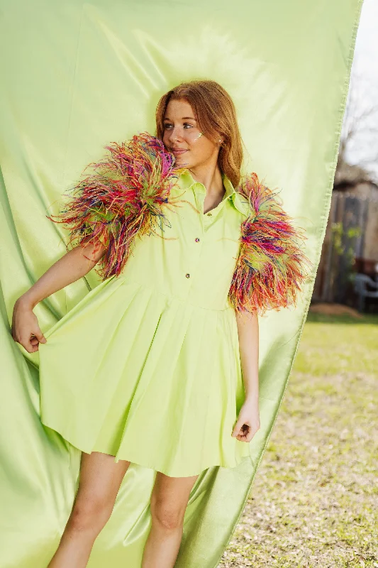 Deal Mania Lime & Rainbow Feather Sleeve Dress