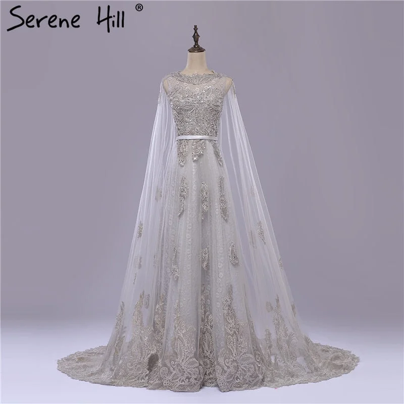 Overstock Vintage Grey Long Lace with Cap Wedding Dress Appliques Beading Bridal Gown