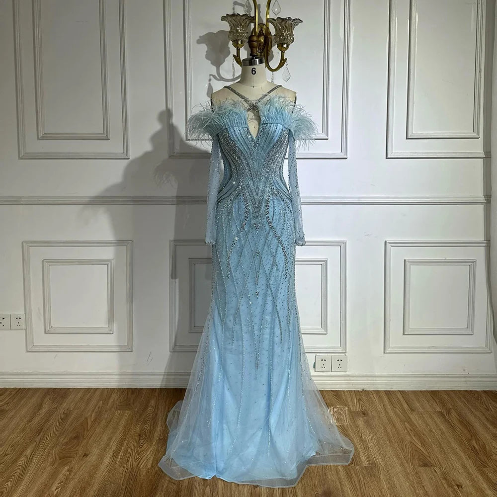 Shop and Save Serene Hill 2025 Customized Blue Feather Beaded Luxury Mermaid Evening Dresses Gowns for Women Formal Occasion LA72836