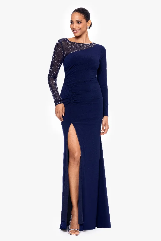 Special Promotion "Rhea" Long Jersey Knit Long Sleeve Beaded Floor Length Dress
