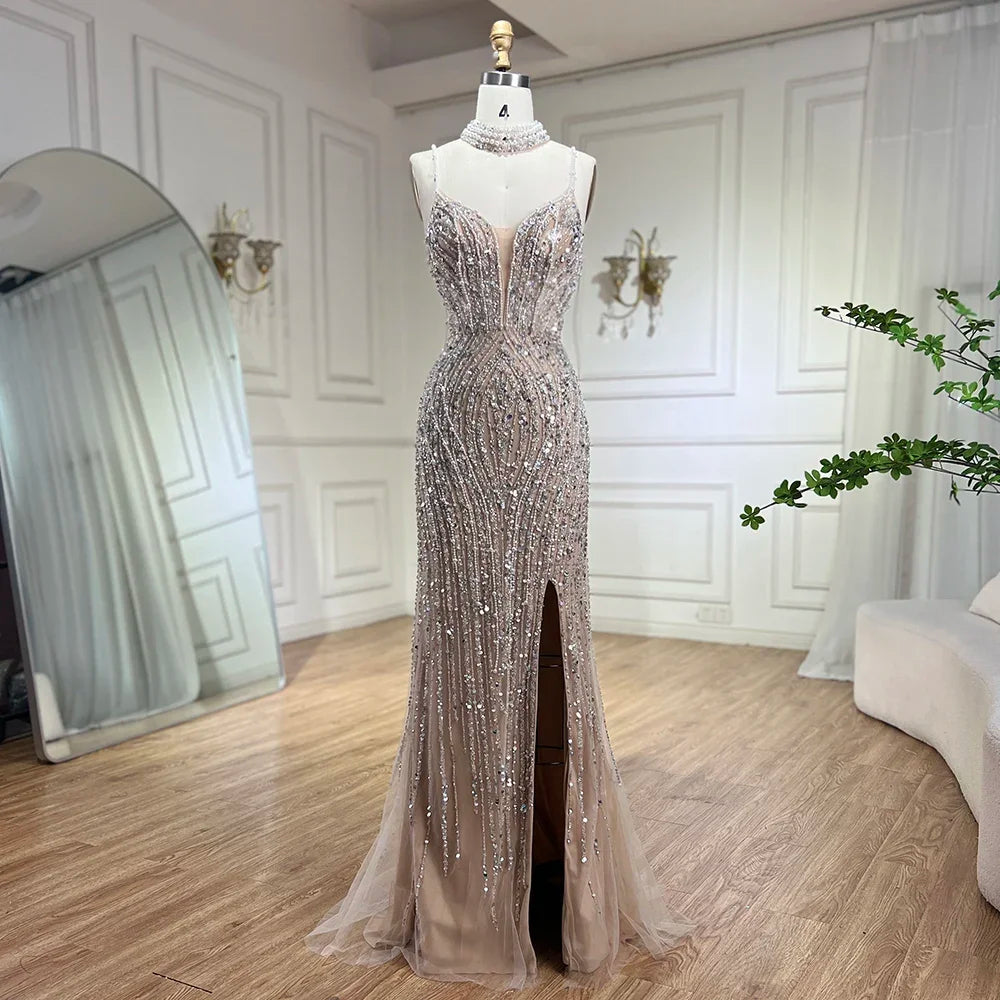 Super Sale Serene Hill Silver Nude Mermaid Spaghetti with split Strap Beaded Evening Dresses Prom Gowns For Woman Party 2024 LA72047B