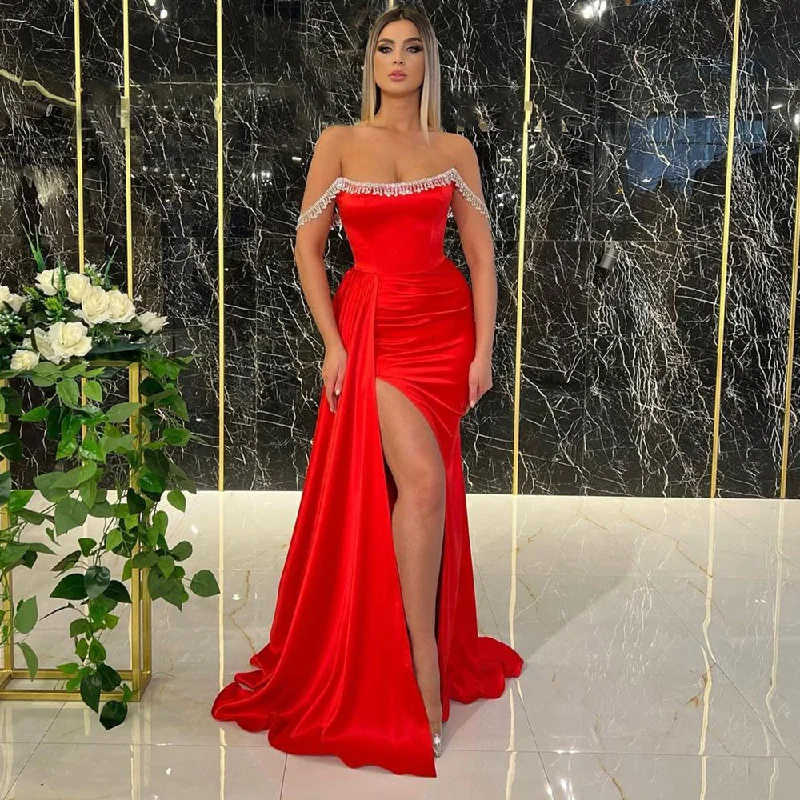 Discount Extravaganza Serene Hill Red Mermaid Kralen Avond Jurken 2024 Elegante Overrok Hoge Split Voor Vrouwen Party LA71581
