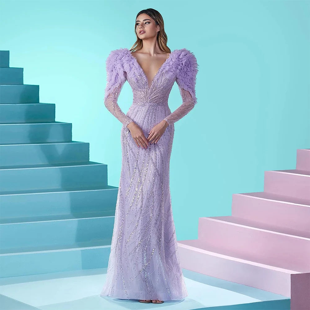 Discount Days Serene Hill Luxury Dubai Long Sleeves Mermaid Lilac Evening Dress V-Neck Blue Formal Gowns for Women Wedding Party LA72471