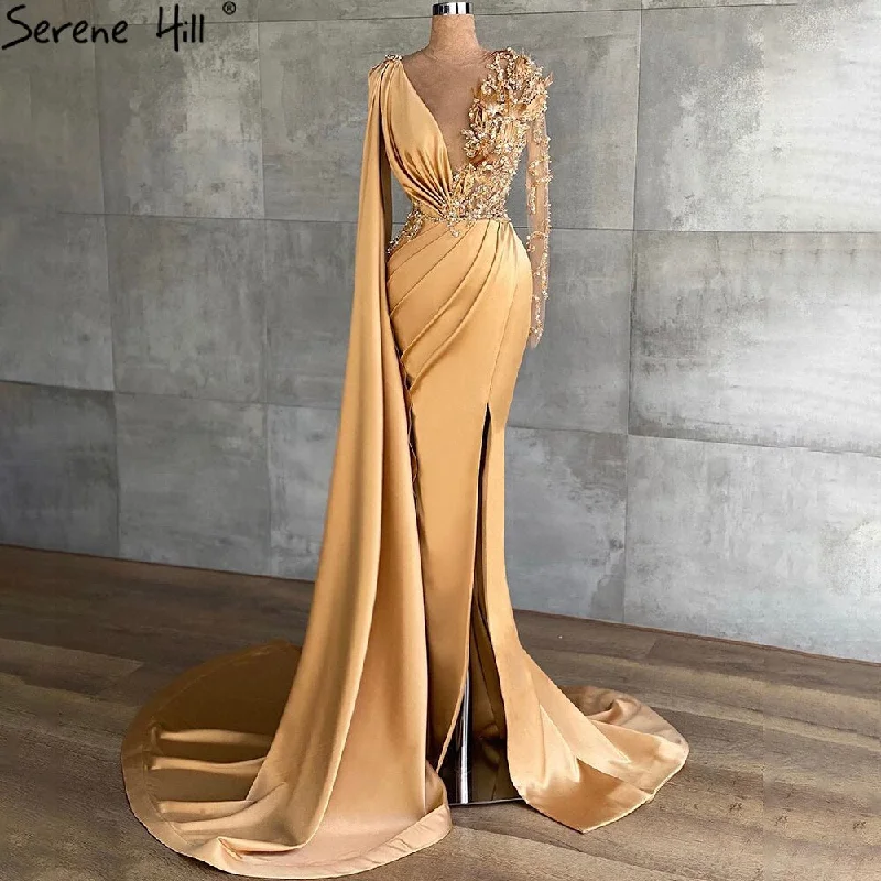 Epic Deals Serene Hill Gold Satin Cape Sleeves Split Evening Dresses Gowns 2024 Elegant Beaded Mermaid Gowns For Women Party LA71183