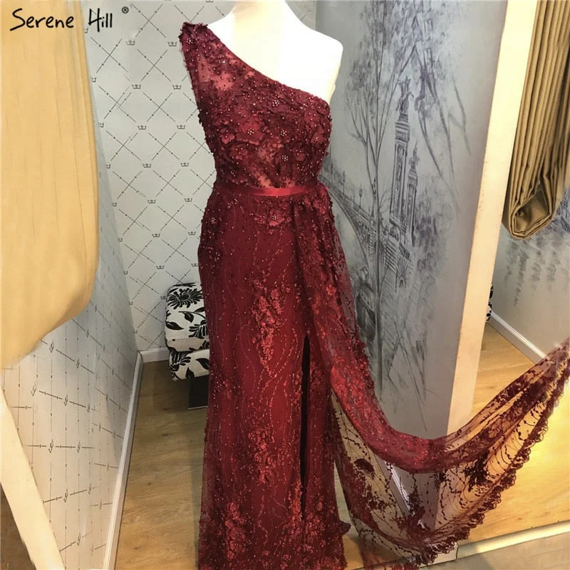 Price Smash Wine Red Handmade Flowers Pearls Evening Dresses One-Shoulder Sexy Luxury Evening Gowns 2024 Serene Hill LA60901 Price Smash Wine Red Handmade Flowers Pearls Evening Dresses One-Shoulder Sexy Luxury Evening Gowns 2024 Serene Hill LA60901