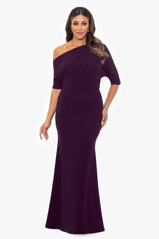 Midnight Madness "Madeline" Long Scuba Crepe Off the Shoulder Drop Dress