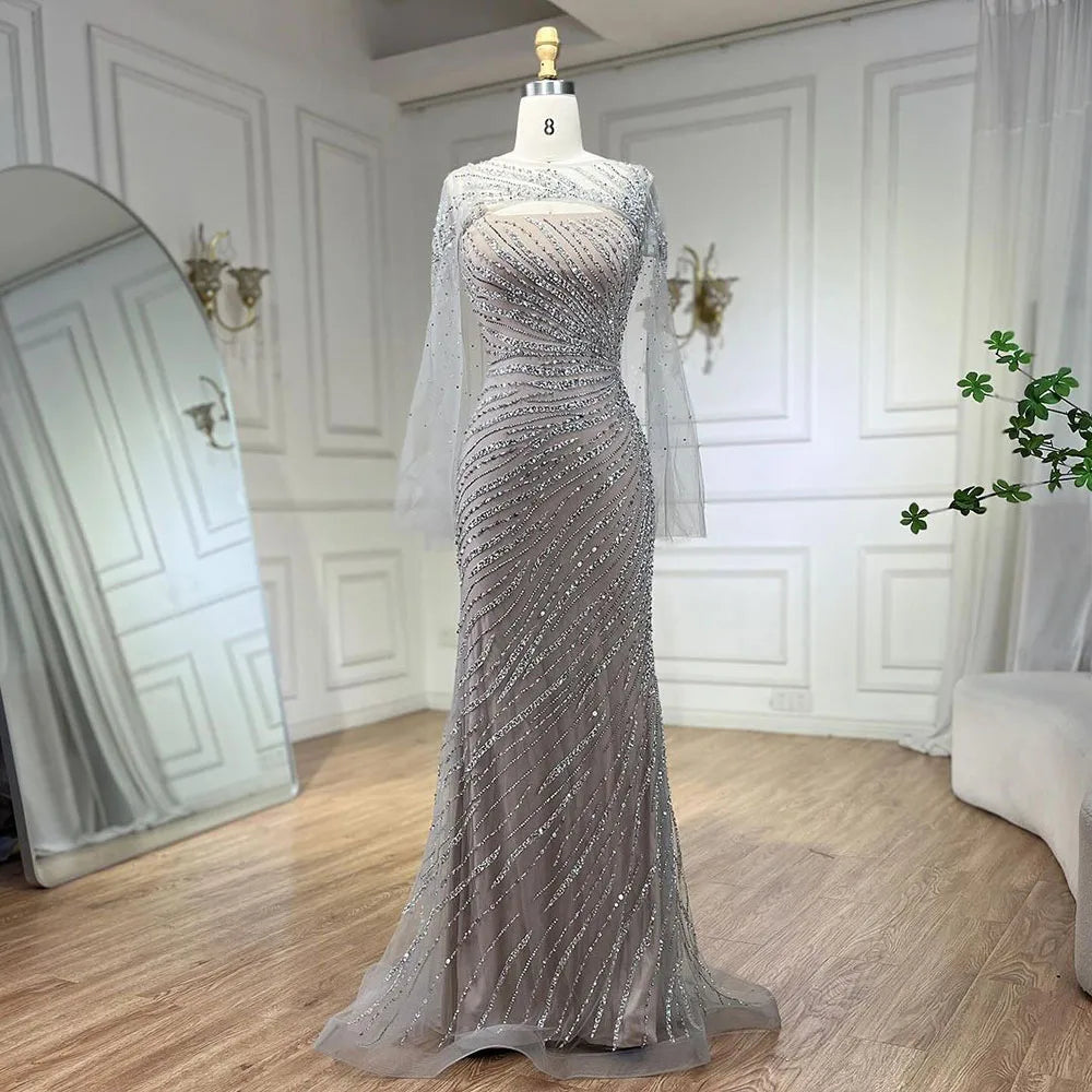 Price Buster Serene Hill 2024 Sliver Nude Elegant With Cloak Beaded Luxury Evening Dresses Gowns Mermaid for Women Wedding Party LA71380