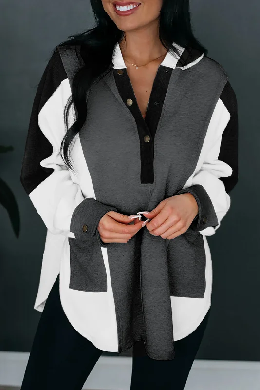Exclusive Savings Black Color Block Exposed Seam Buttoned Neckline Hoodie