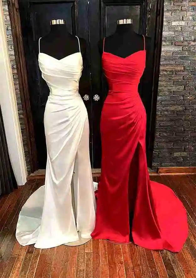 Fantastic Offers Serene Hill 2024 Arabic Red Elegant Spaghetti Strap Pleated Satin Prom Dress with Split for Women's Party LA72675