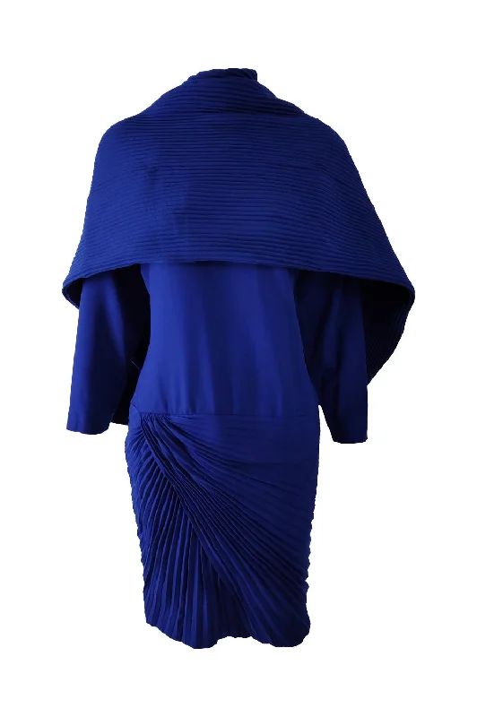 Limited Availability Gianni Versace Couture Blue Wool Pleated Dress & Scarf, Fall 1989