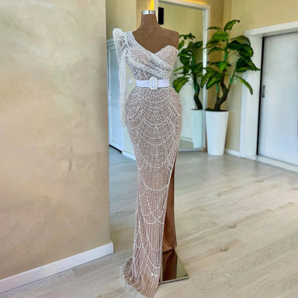 Price Fest Serene Hill White Nude Mermaid One Shoulder High Split Beaded Luxury Evening Dresses Gowns For Women Wedding Party 2024 LA72269