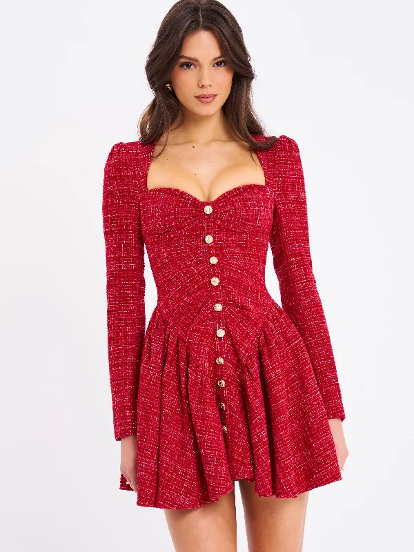 New Arrival Tae Red Tweed Long Sleeve Drop Waist Mini Dress