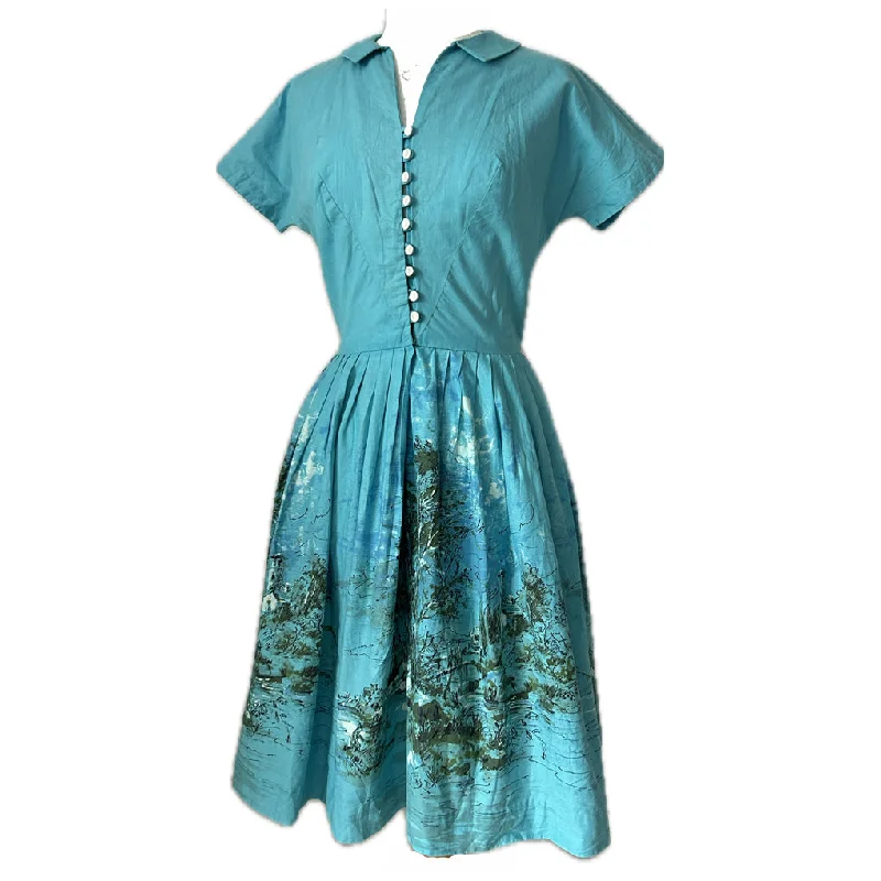 Amazing Deals Turquoise cotton vintage 1950s scenic print day dress