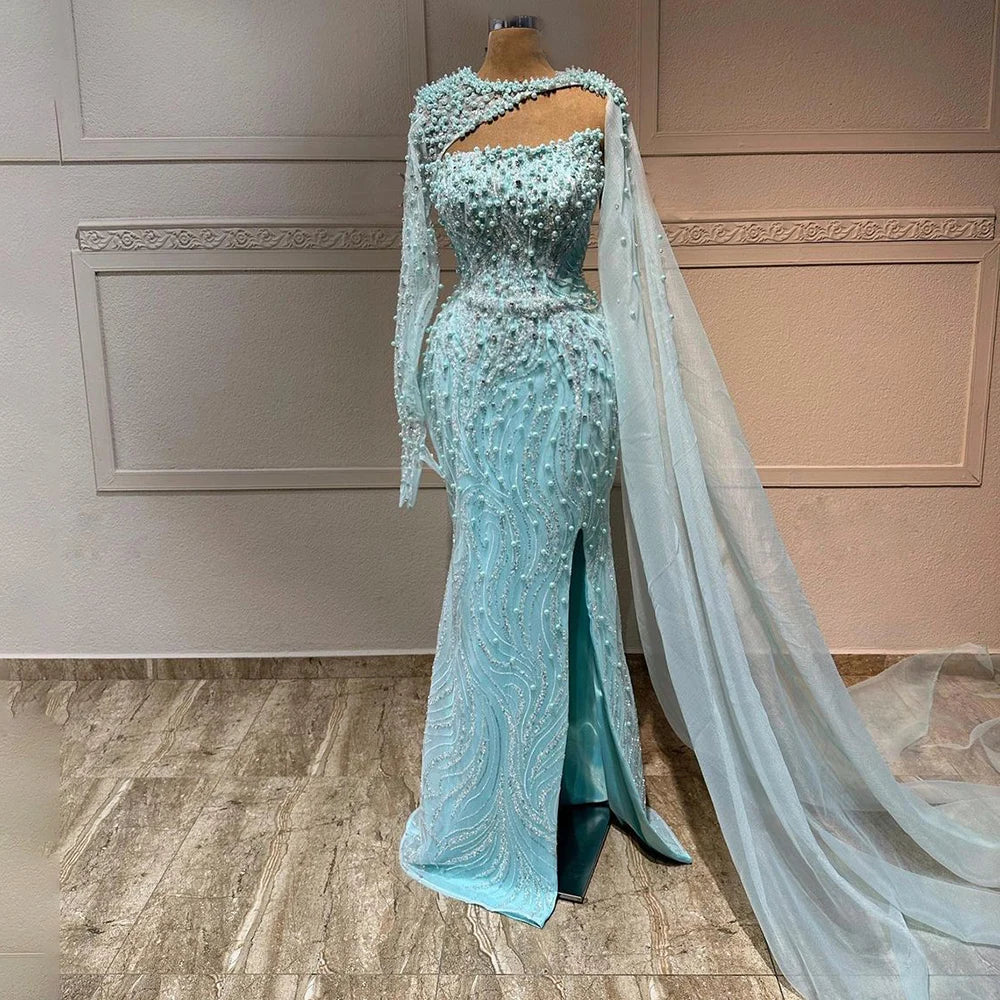 Great Bargains Serene Hill Blue Mermaid Long Cloak High Split Beaded Pearls Luxury Evening Dresses Gowns For Women Wedding Party 2024 LA72268 Great Bargains Serene Hill Blue Mermaid Long Cloak High Split Beaded Pearls Luxury Evening Dresses Gowns For Women Wedding Party 2024 LA72268