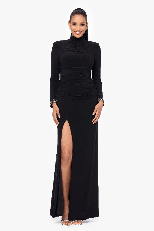 Friends and Family Sale "Roxie" Long Jersey Knit Mock Neck Embellished Wrist Floor Length Dress