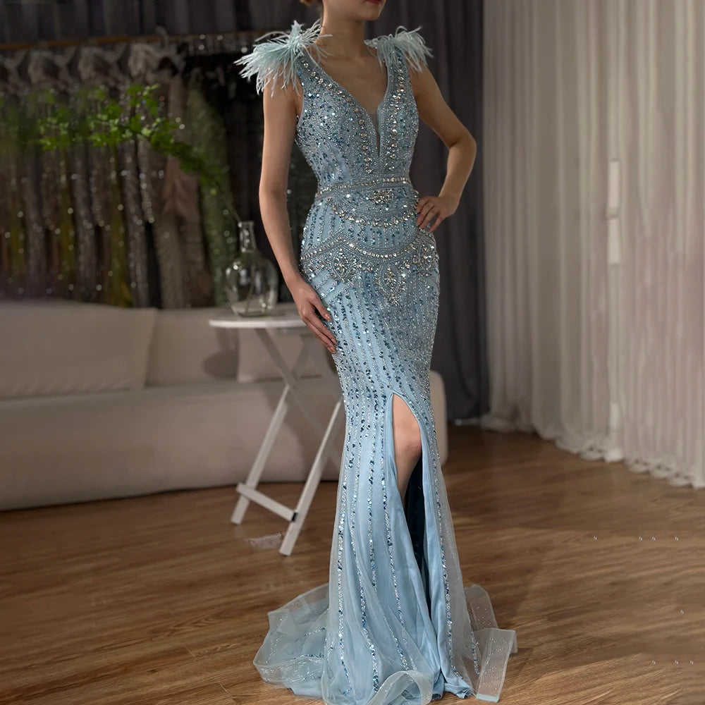 Don't Miss Serene Hill 2024 Arabic Blue Elegant Split Mermaid Beaded Feathers Long Evening Dresses Gowns for Formal Occasion LA72742 Don't Miss Serene Hill 2024 Arabic Blue Elegant Split Mermaid Beaded Feathers Long Evening Dresses Gowns for Formal Occasion LA72742