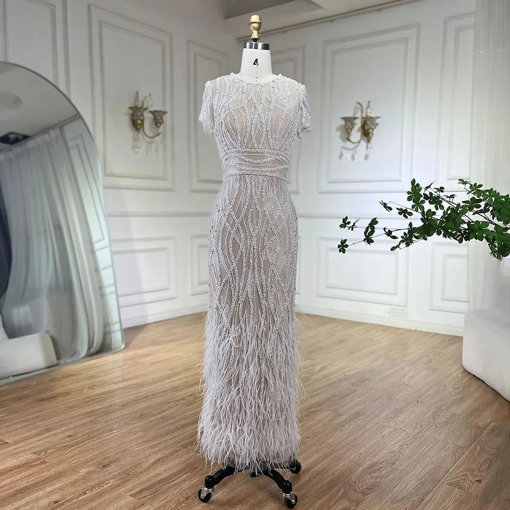 While Supplies Last Serene Hill White Nude Ankle Length Evening Dress with Feathers Beaded Women Black Formal Dresses for Wedding Party LA72076A